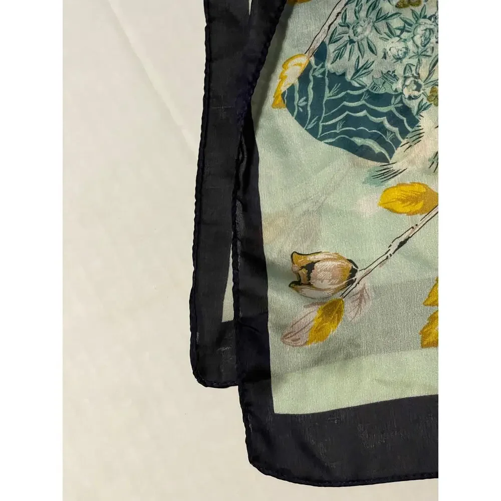 Women's Light Green Scarf 68 X‎ 36 Bird's Flowers and Planted Tree Rolled Hem
